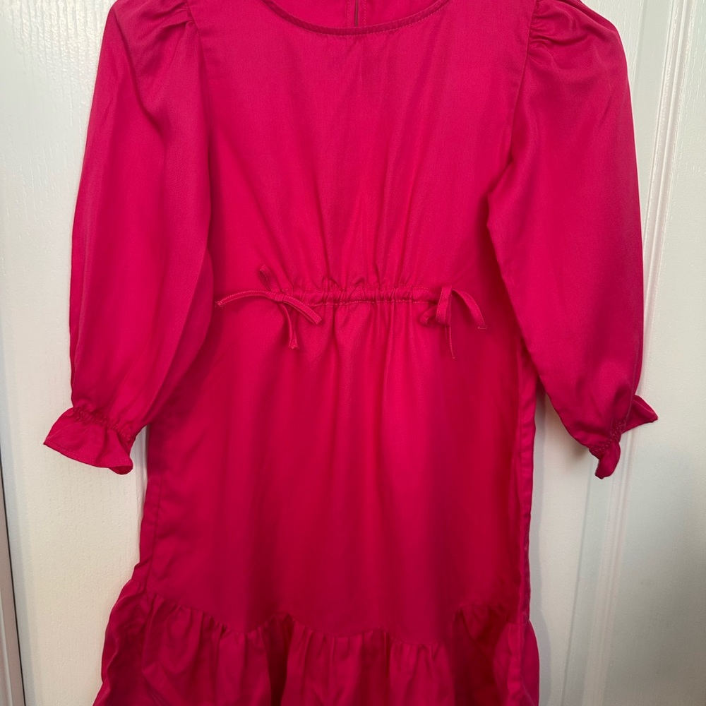 Hot Pink Puff Sleeve Ruffle Hem Dress with Bow Details